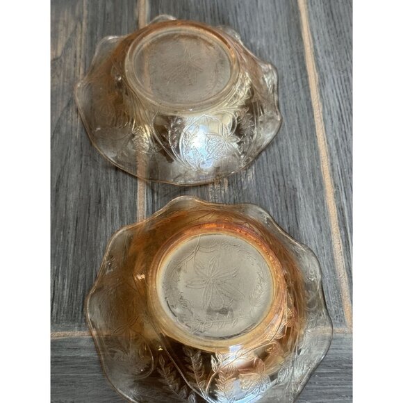 Vintage Amber Glass Bowls Set Of 2 With Intricate Floral Designs - 6" Diameter D - Picture 9 of 11